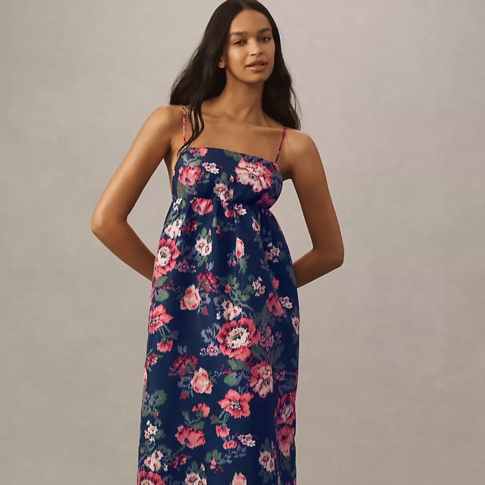 BHLDN Sophia Apron Jacquard Floral Midi Dress Navy Pink – Women’s S